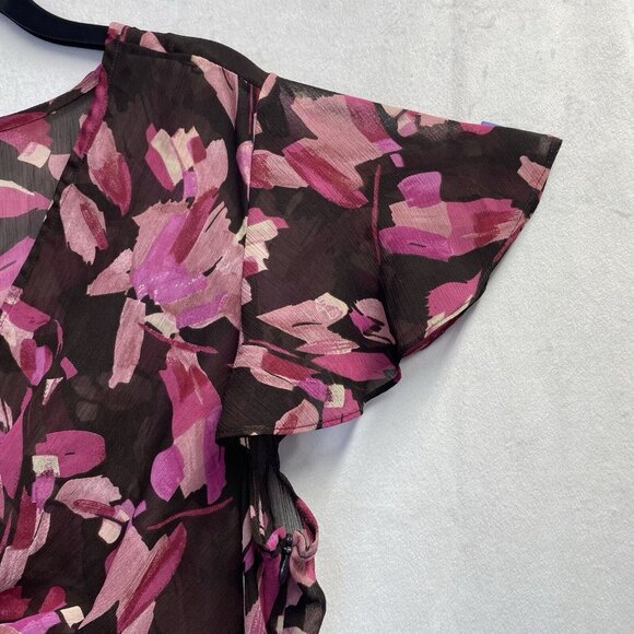 Lane Bryant Sheer V-Neck Short Flutter Sleeve Blouse Women Sz 14/16 Brown Floral - Picture 10 of 13